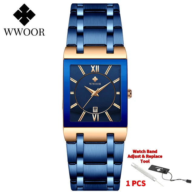 Men's Rectangle Watch – Black Dial & Two-Tone Metal Bracelet
