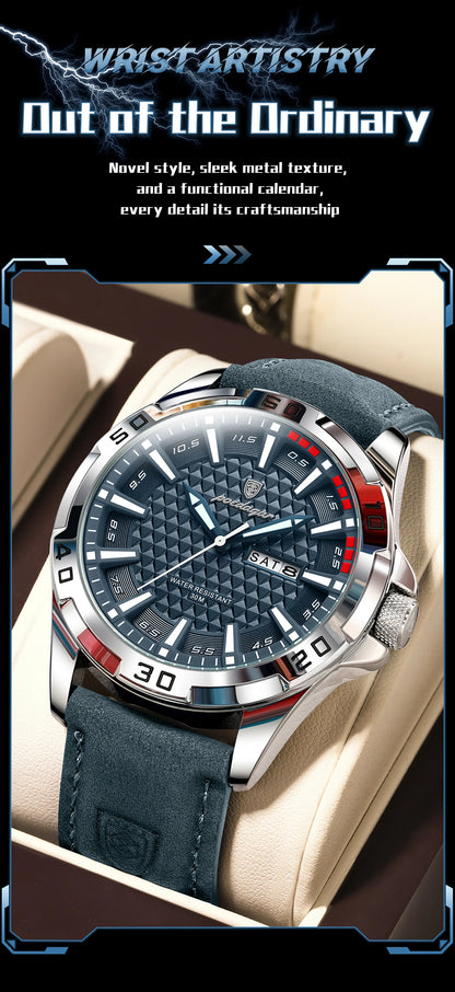 POEDAGAR Original Man Wristwatch Top Luxury Waterproof Luminous Date Week Watch For Men Quartz Sport Leather Men's Watches Reloj