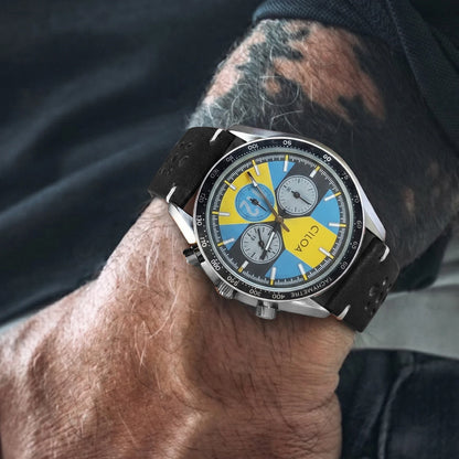 CILOA Men's Racing Chronograph Watch Vintage Blue & Yellow Dial Black Perforated Leather Strap Tachymeter Quartz Wristwatch