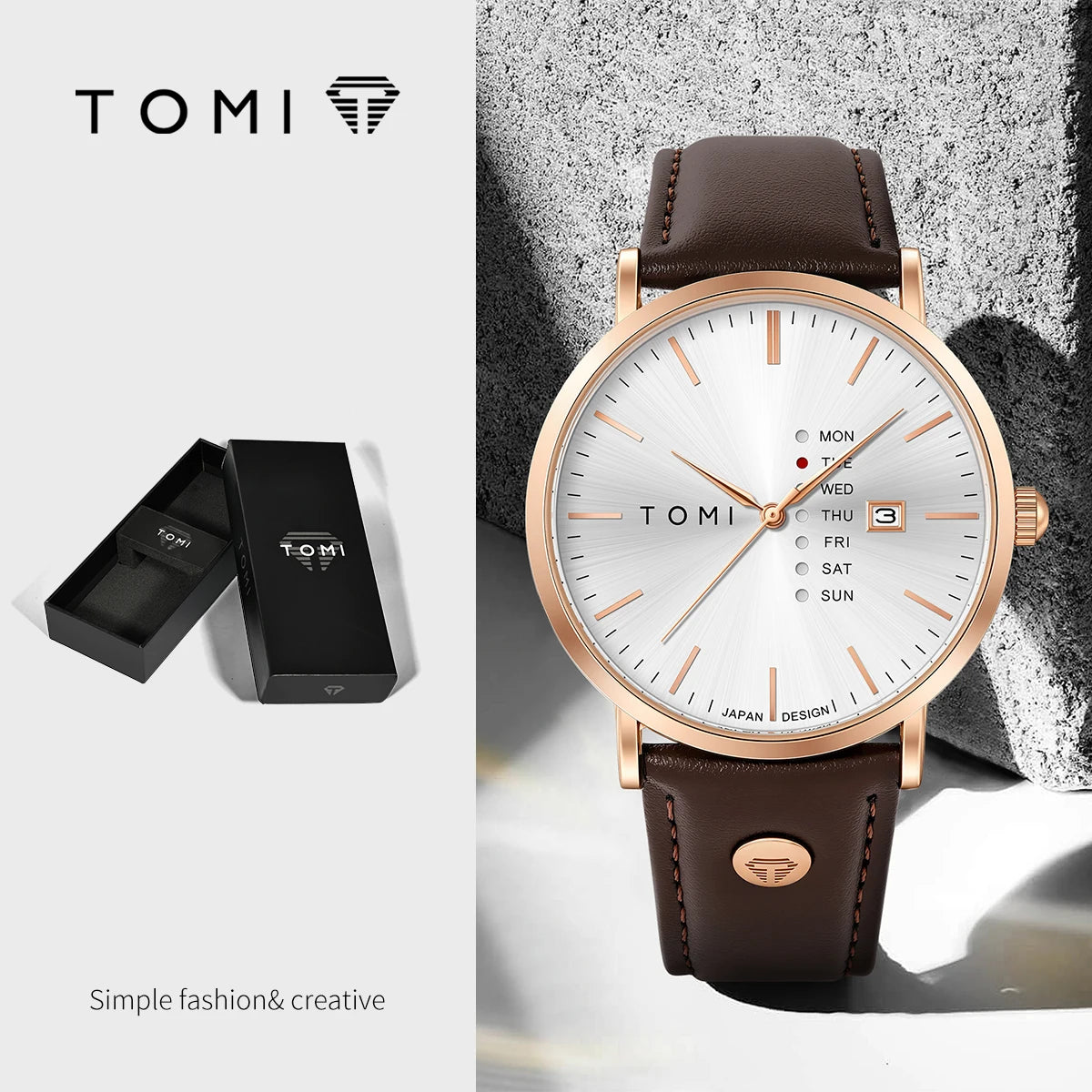 TOMI Trendy Men's Watch Quartz Texture Business Watch with Leather Strap and Weekday Calendar