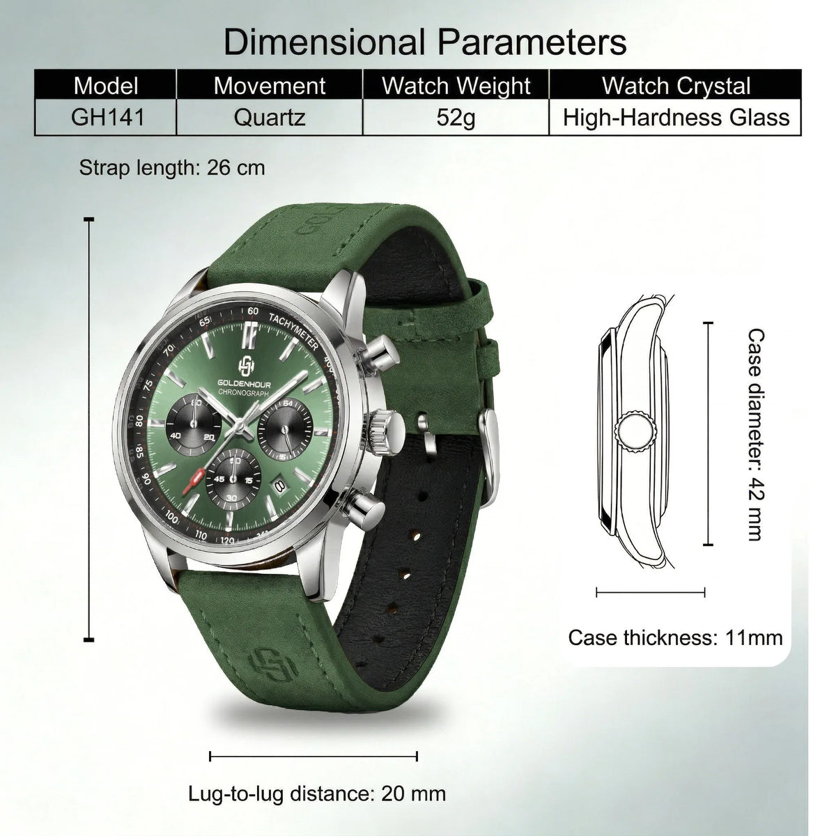 Men's Chronograph Watch – Green Strap & Black Dial