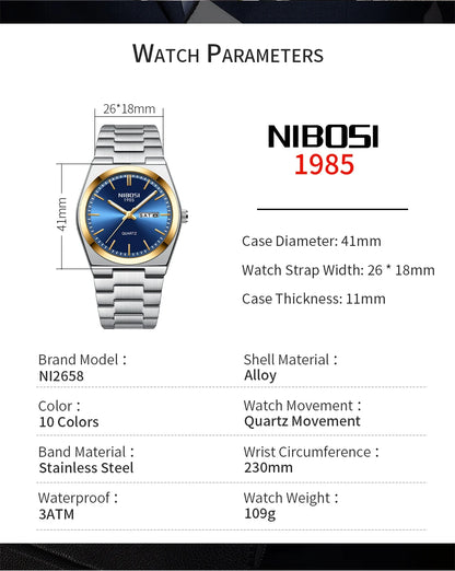 NIBOSI Mens Watches Analog Quartz Watch with Week-Date Waterproof Stainless Steel Strap Men's Wrist Watches Classic Minimalist