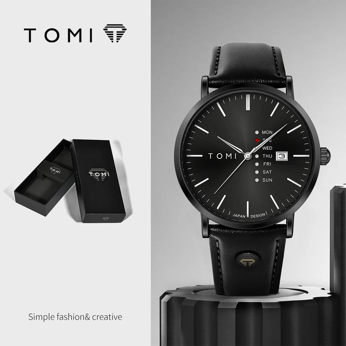 TOMI Trendy Men's Watch Quartz Texture Business Watch with Leather Strap and Weekday Calendar