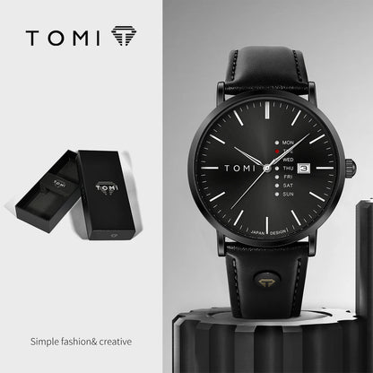 TOMI Trendy Men's Watch Quartz Texture Business Watch with Leather Strap and Weekday Calendar