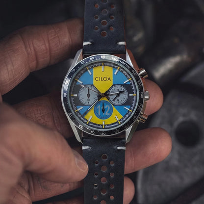 CILOA Men's Racing Chronograph Watch Vintage Blue & Yellow Dial Black Perforated Leather Strap Tachymeter Quartz Wristwatch