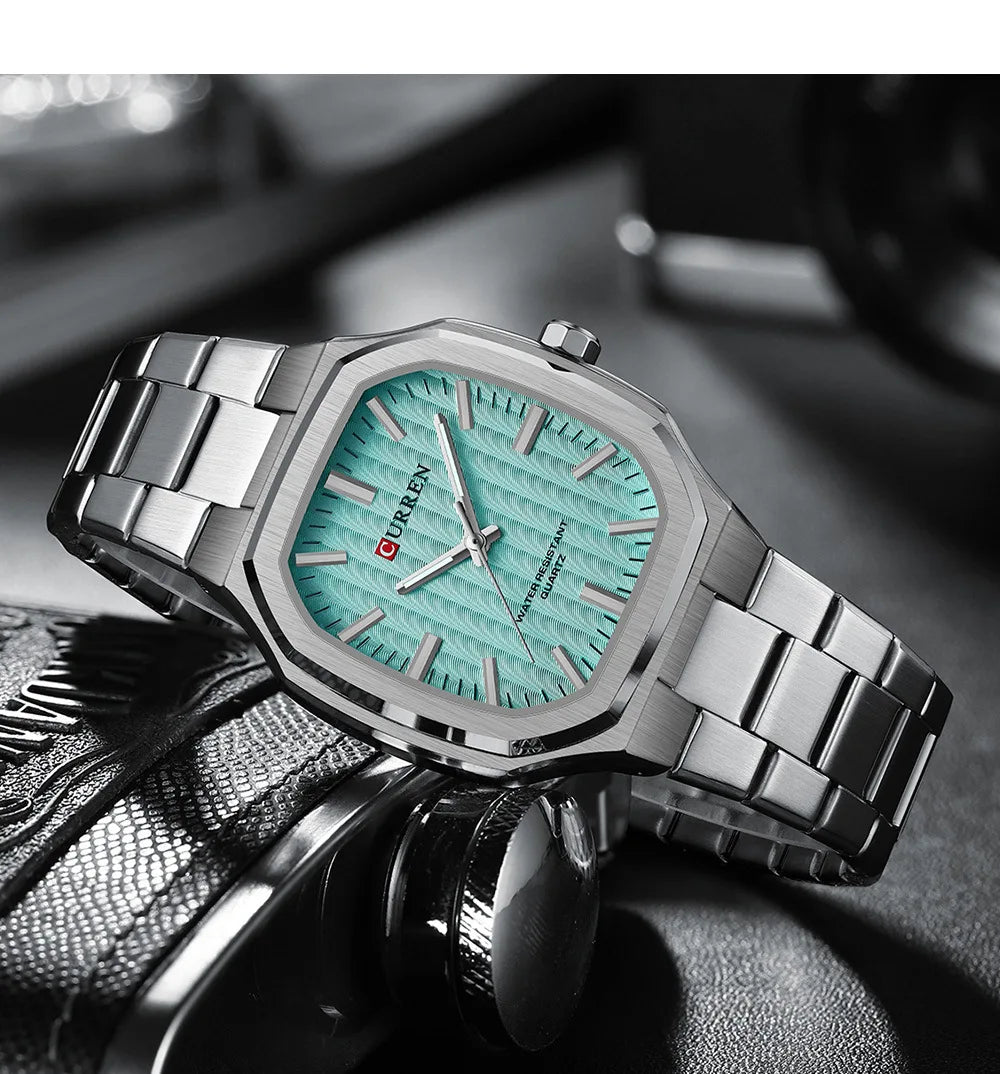 Men's Stainless Steel Watch – Turquoise Dial and Integrated Bracelet