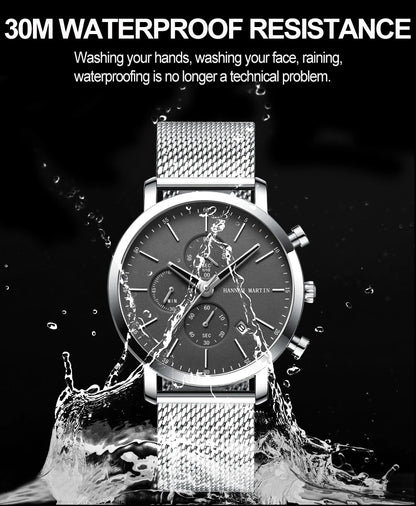 HANNAH MARTIN Brand Men Watch Black Stainless Steel Waterproof Fashion Sports Multifunctional Quartz Wristatch Relogio Masculino