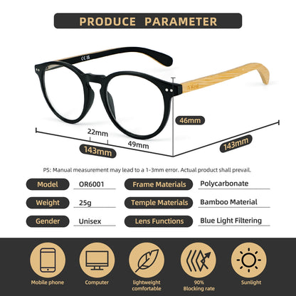 Bamboo Wood Reading Glasses for Men and Women Retro Round Anti Blue Light Presbyopia Glasses 0 +100 +150 +250
