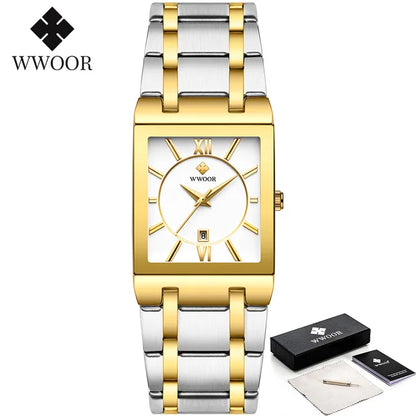 Men's Rectangle Watch – Black Dial & Two-Tone Metal Bracelet