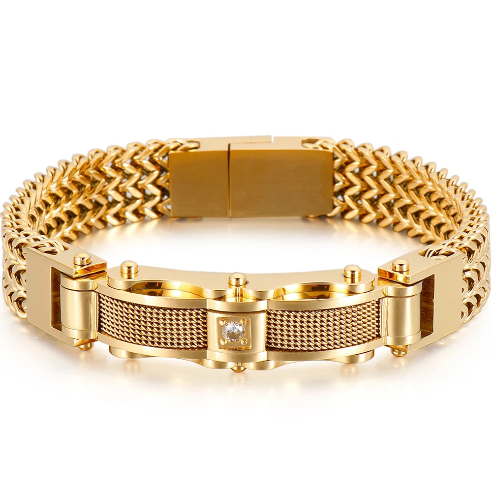 Luxury Bracelet for Men Gold Color 12MM Wide Stainless Steel Square Franco Link Chain Men's Wrist Bracelets With Magnet Clasp