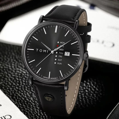 TOMI Trendy Men's Watch Quartz Texture Business Watch with Leather Strap and Weekday Calendar