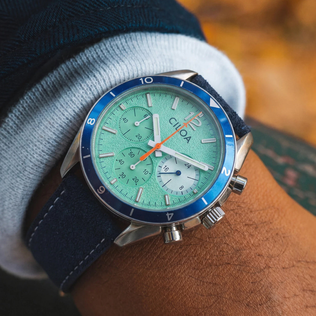 Men's Chronograph Watch – Turquoise Dial & Blue Strap