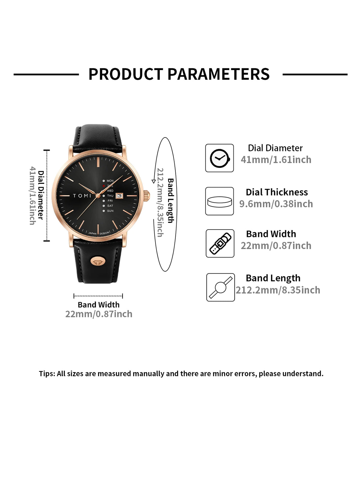 TOMI Trendy Men's Watch Quartz Texture Business Watch with Leather Strap and Weekday Calendar