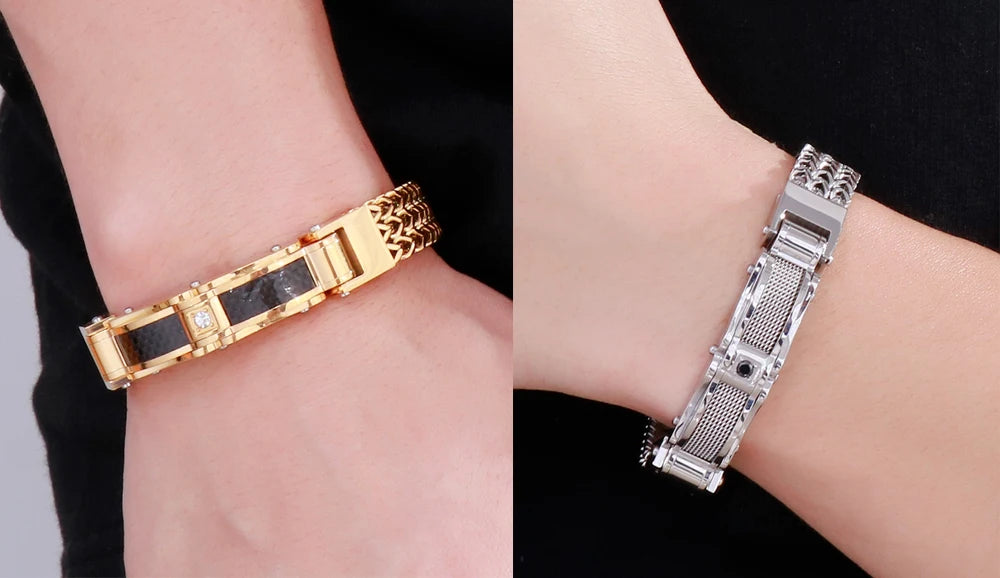 Luxury Bracelet for Men Gold Color 12MM Wide Stainless Steel Square Franco Link Chain Men's Wrist Bracelets With Magnet Clasp