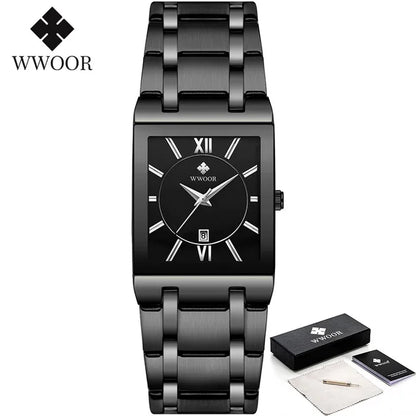 Men's Rectangle Watch – Black Dial & Two-Tone Metal Bracelet