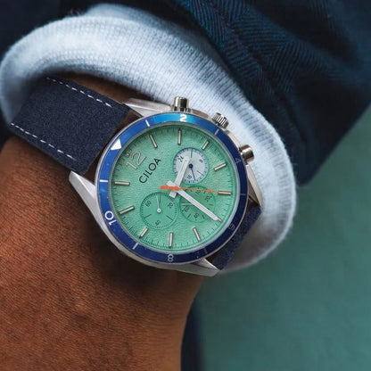 Men's Chronograph Watch – Turquoise Dial & Blue Strap