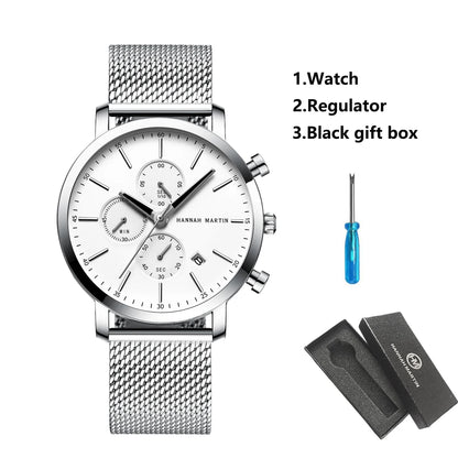HANNAH MARTIN Brand Men Watch Black Stainless Steel Waterproof Fashion Sports Multifunctional Quartz Wristatch Relogio Masculino