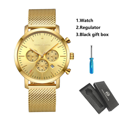HANNAH MARTIN Brand Men Watch Black Stainless Steel Waterproof Fashion Sports Multifunctional Quartz Wristatch Relogio Masculino