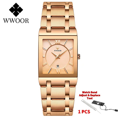 Men's Rectangle Watch – Black Dial & Two-Tone Metal Bracelet