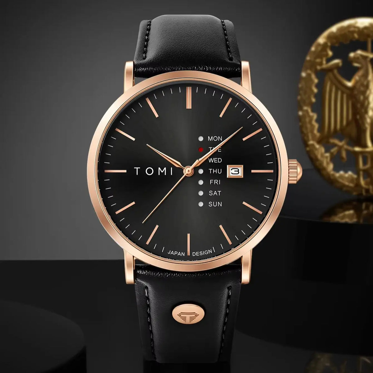 TOMI Trendy Men's Watch Quartz Texture Business Watch with Leather Strap and Weekday Calendar