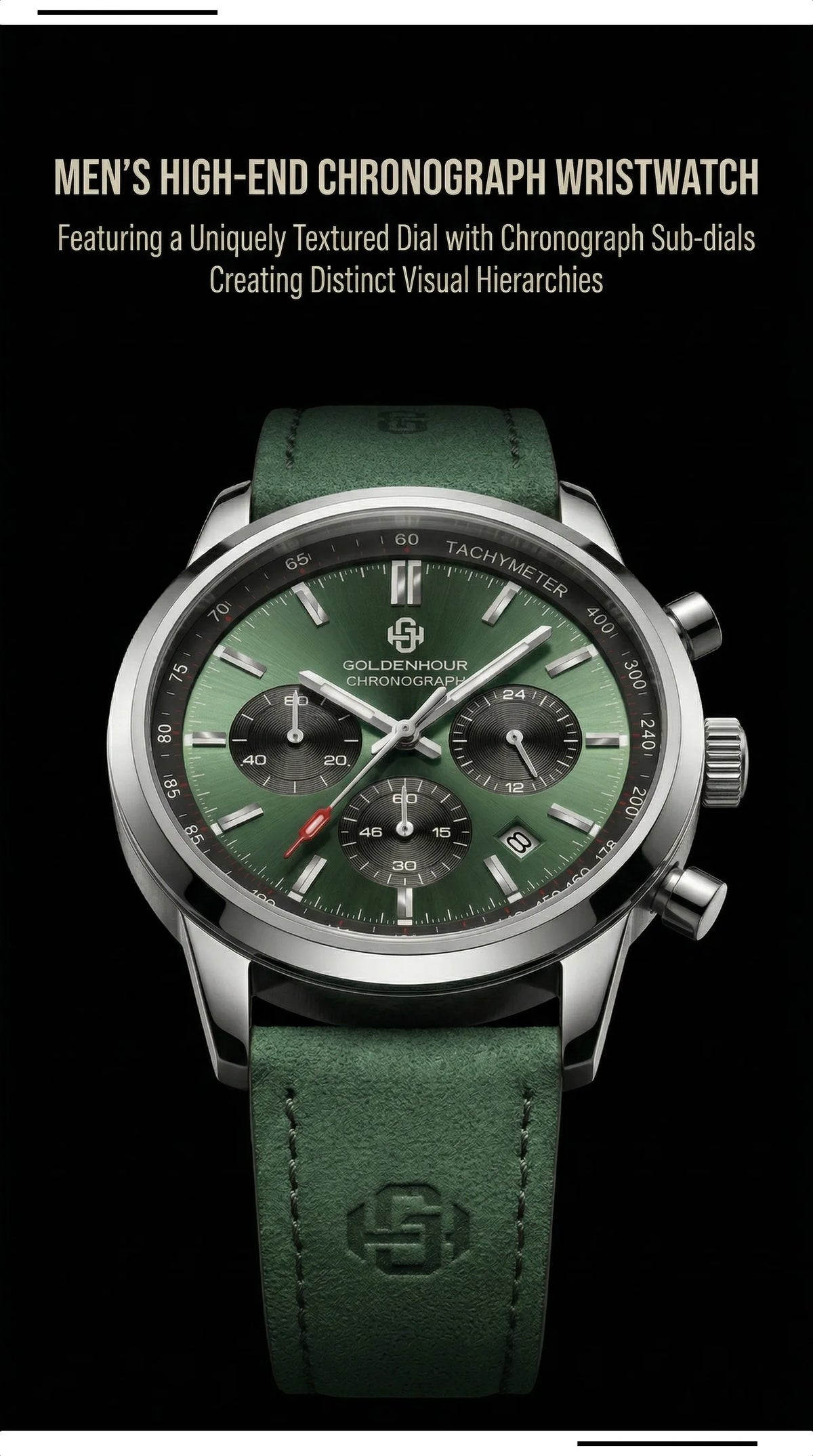 Men's Chronograph Watch – Green Strap & Black Dial