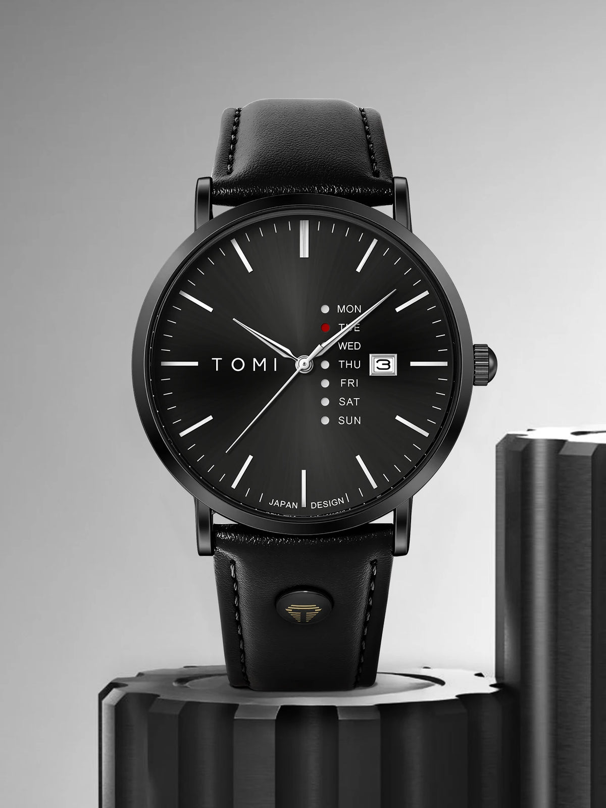 TOMI Trendy Men's Watch Quartz Texture Business Watch with Leather Strap and Weekday Calendar