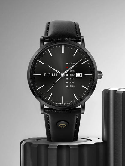 TOMI Trendy Men's Watch Quartz Texture Business Watch with Leather Strap and Weekday Calendar