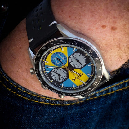 CILOA Men's Racing Chronograph Watch Vintage Blue & Yellow Dial Black Perforated Leather Strap Tachymeter Quartz Wristwatch