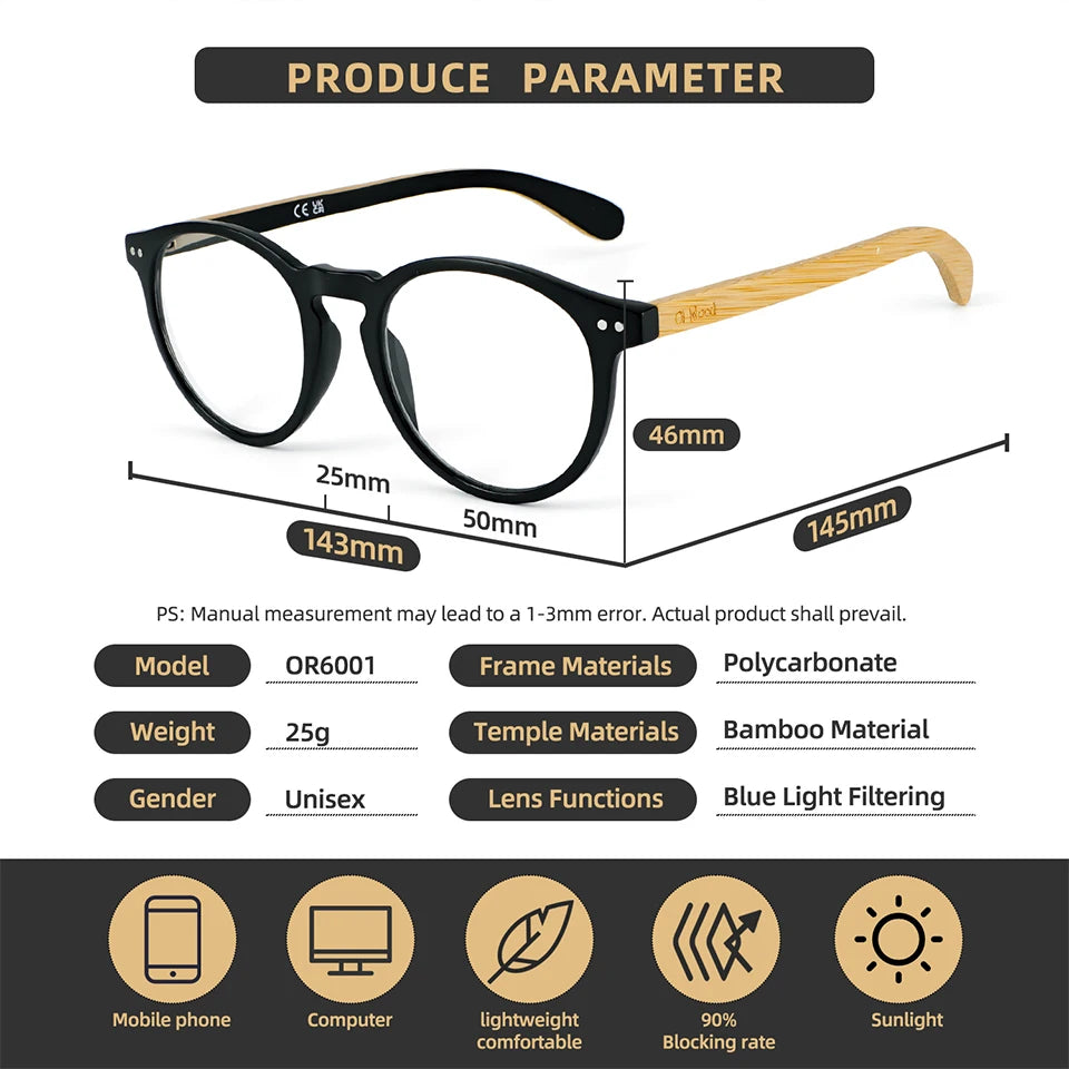 Bamboo Wood Reading Glasses for Men and Women Retro Round Anti Blue Light Presbyopia Glasses 0 +100 +150 +250