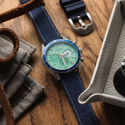 Men's Chronograph Watch – Turquoise Dial & Blue Strap