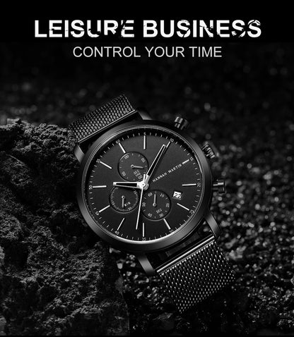 HANNAH MARTIN Brand Men Watch Black Stainless Steel Waterproof Fashion Sports Multifunctional Quartz Wristatch Relogio Masculino