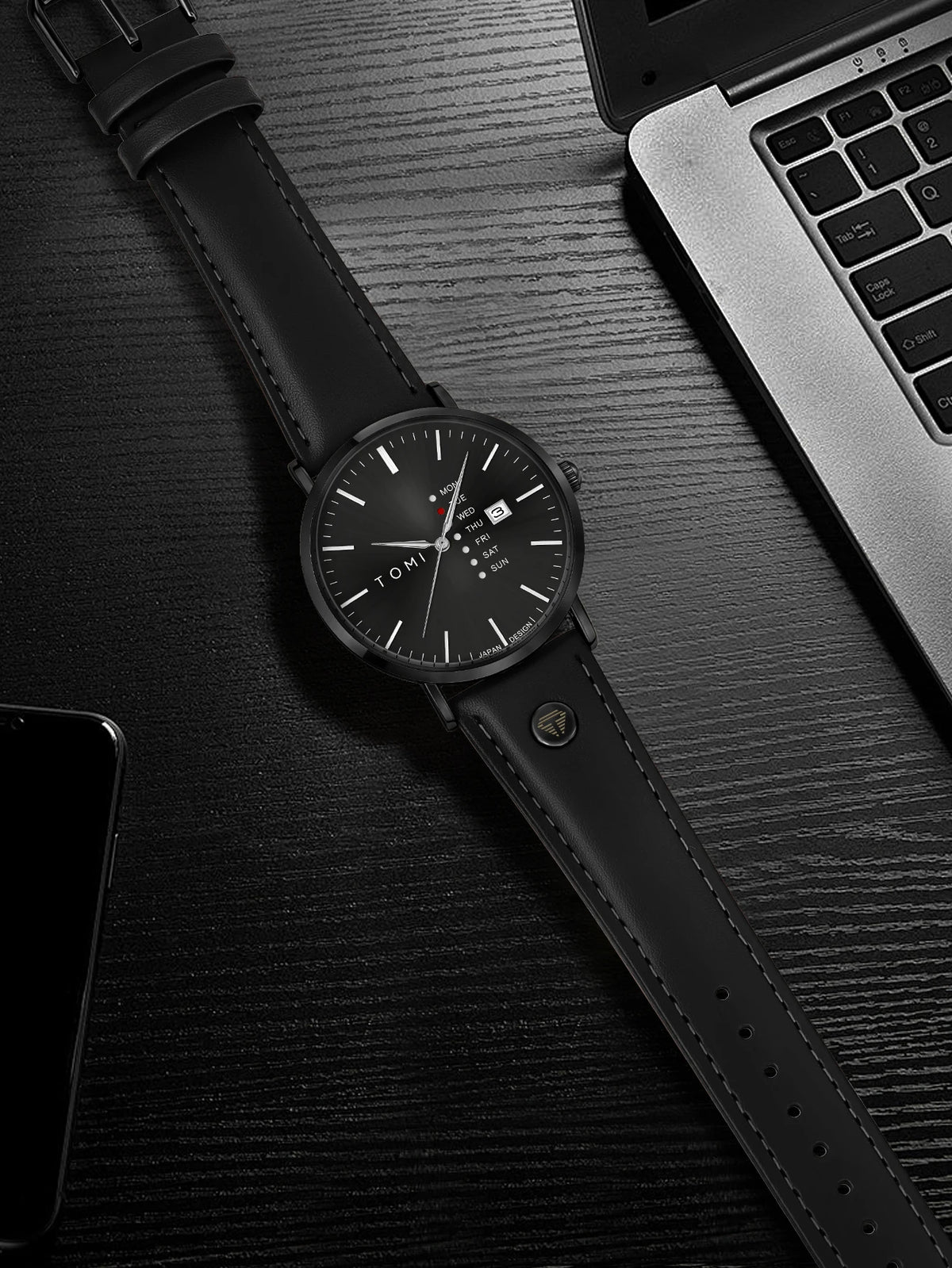 TOMI Trendy Men's Watch Quartz Texture Business Watch with Leather Strap and Weekday Calendar