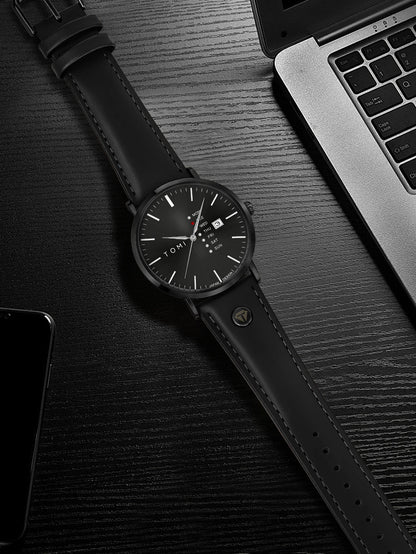 TOMI Trendy Men's Watch Quartz Texture Business Watch with Leather Strap and Weekday Calendar