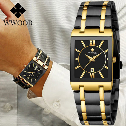 Men's Rectangle Watch – Black Dial & Two-Tone Metal Bracelet