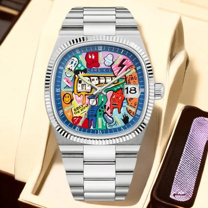 Personalized Cartoon Animation Quartz Men Watch Creative Oil Painting Dial Top Casual Steel Top Men Watch AAA Male Clock Relogio
