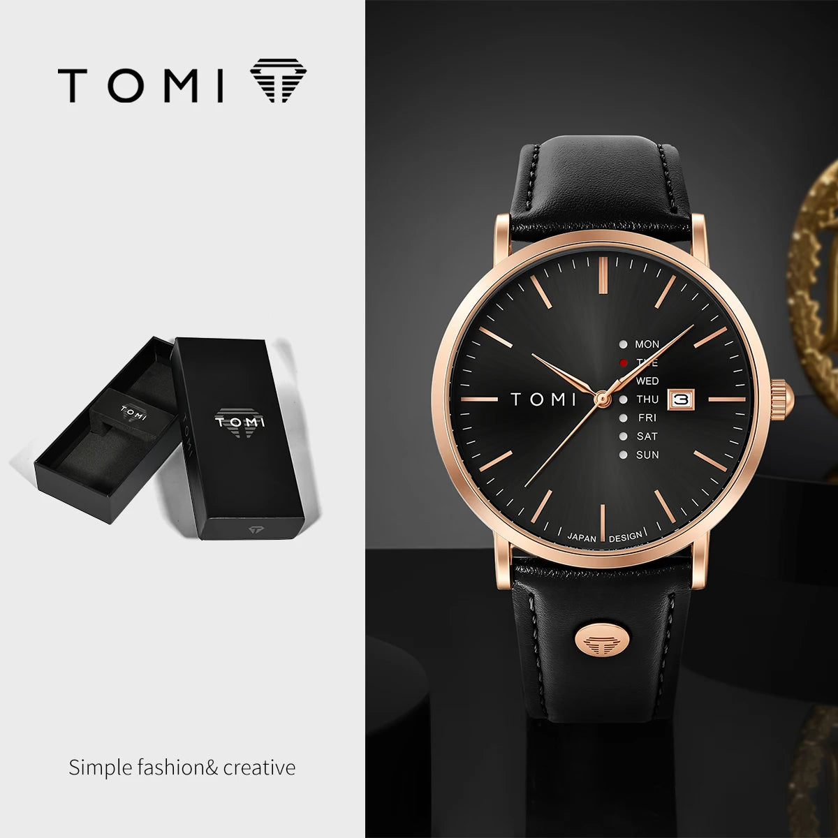 TOMI Trendy Men's Watch Quartz Texture Business Watch with Leather Strap and Weekday Calendar
