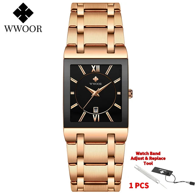 Men's Rectangle Watch – Black Dial & Two-Tone Metal Bracelet