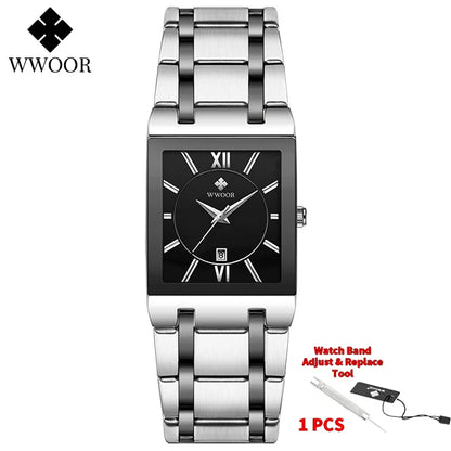 Men's Rectangle Watch – Black Dial & Two-Tone Metal Bracelet