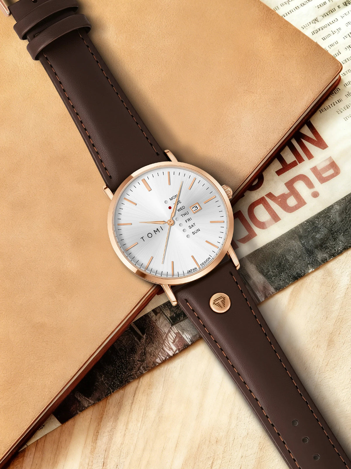 TOMI Trendy Men's Watch Quartz Texture Business Watch with Leather Strap and Weekday Calendar