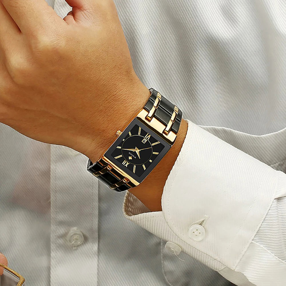 Men's Rectangle Watch – Black Dial & Two-Tone Metal Bracelet