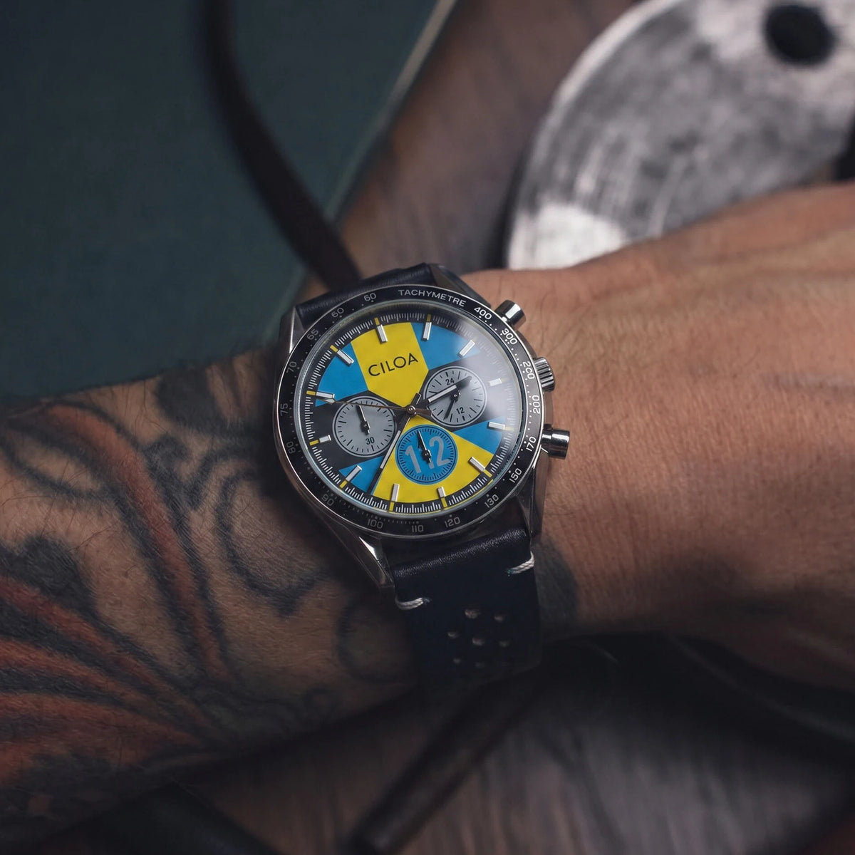 CILOA Men's Racing Chronograph Watch Vintage Blue & Yellow Dial Black Perforated Leather Strap Tachymeter Quartz Wristwatch