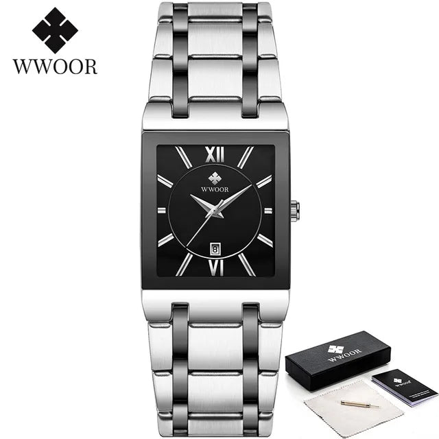 Men's Rectangle Watch – Black Dial & Two-Tone Metal Bracelet