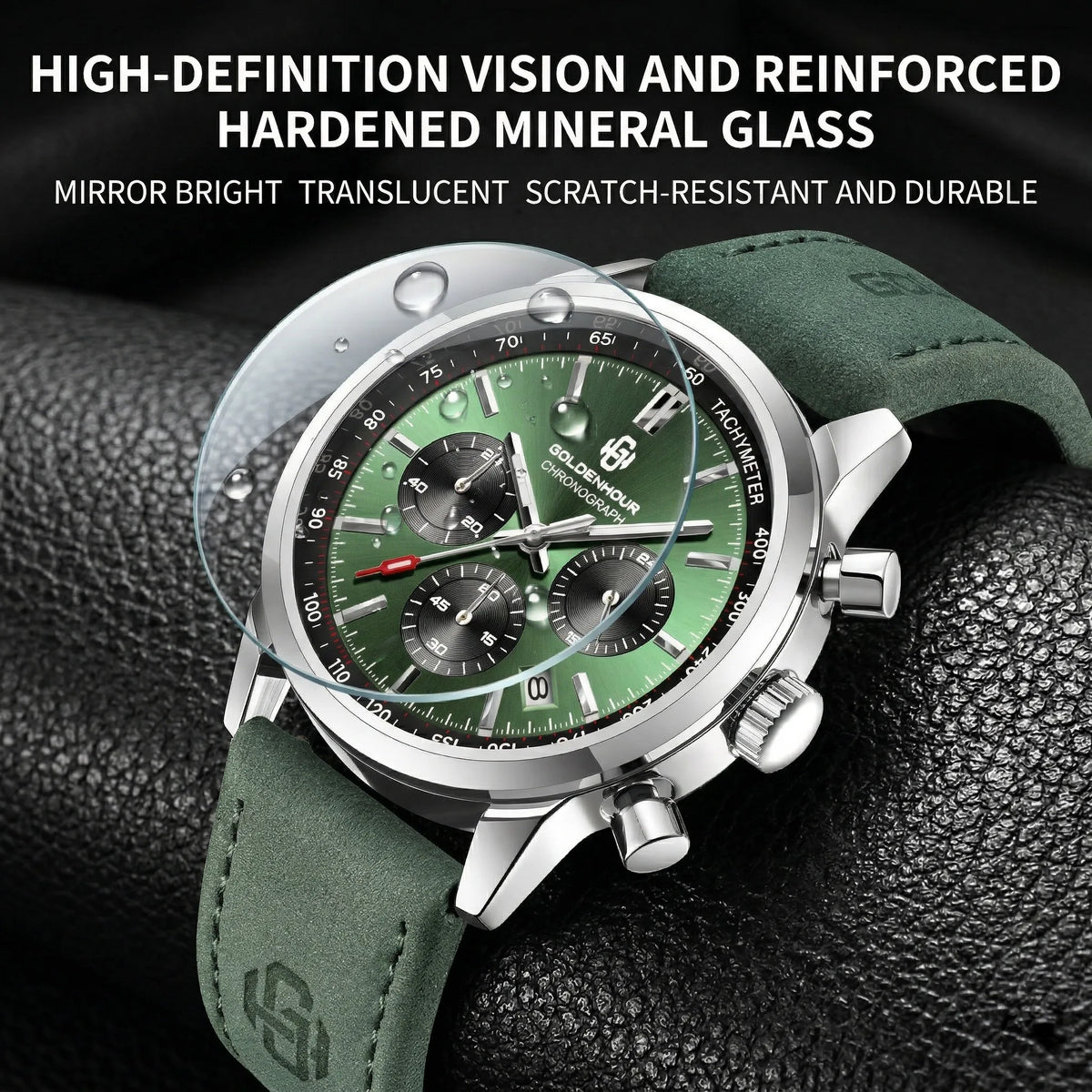 Men's Chronograph Watch – Green Strap & Black Dial