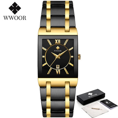 Men's Rectangle Watch – Black Dial & Two-Tone Metal Bracelet