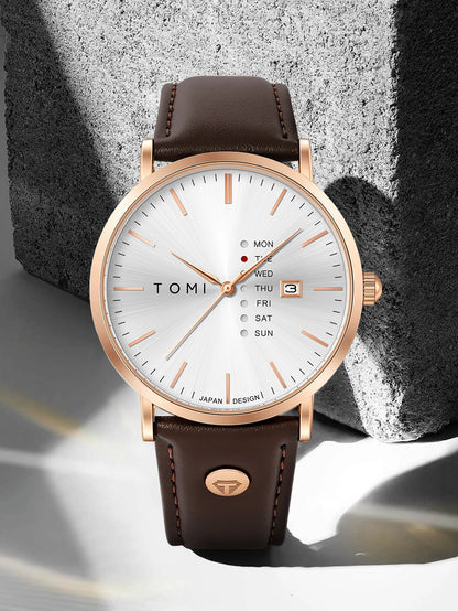 TOMI Trendy Men's Watch Quartz Texture Business Watch with Leather Strap and Weekday Calendar