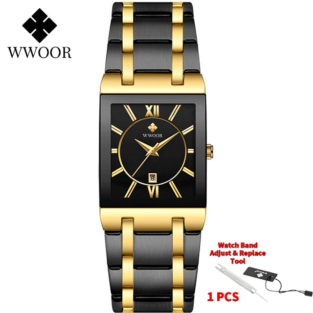 Men's Rectangle Watch – Black Dial & Two-Tone Metal Bracelet