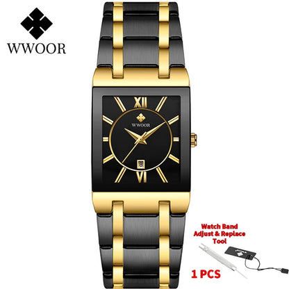 Men's Rectangle Watch – Black Dial & Two-Tone Metal Bracelet