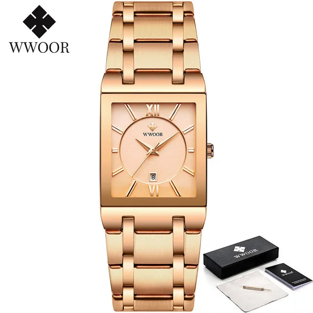 Men's Rectangle Watch – Black Dial & Two-Tone Metal Bracelet