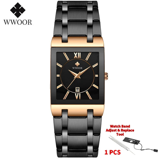 Men's Rectangle Watch – Black Dial & Two-Tone Metal Bracelet