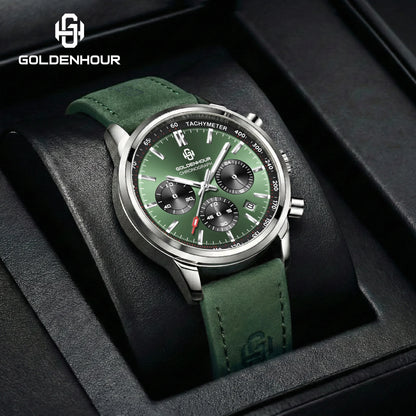Men's Chronograph Watch – Green Strap & Black Dial